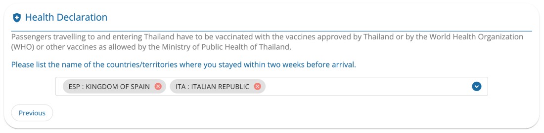 Dichiarazione sanitaria ingresso in Thailandia