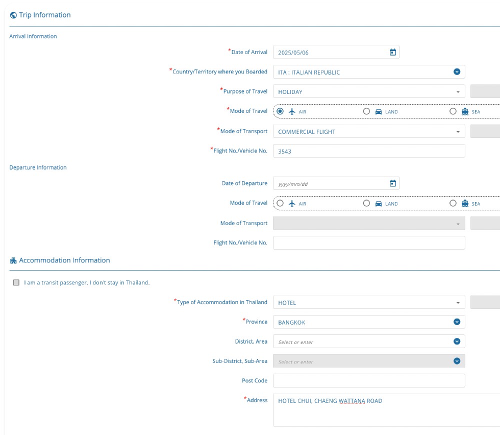 Informazioni viaggio arrival card Thailandia
